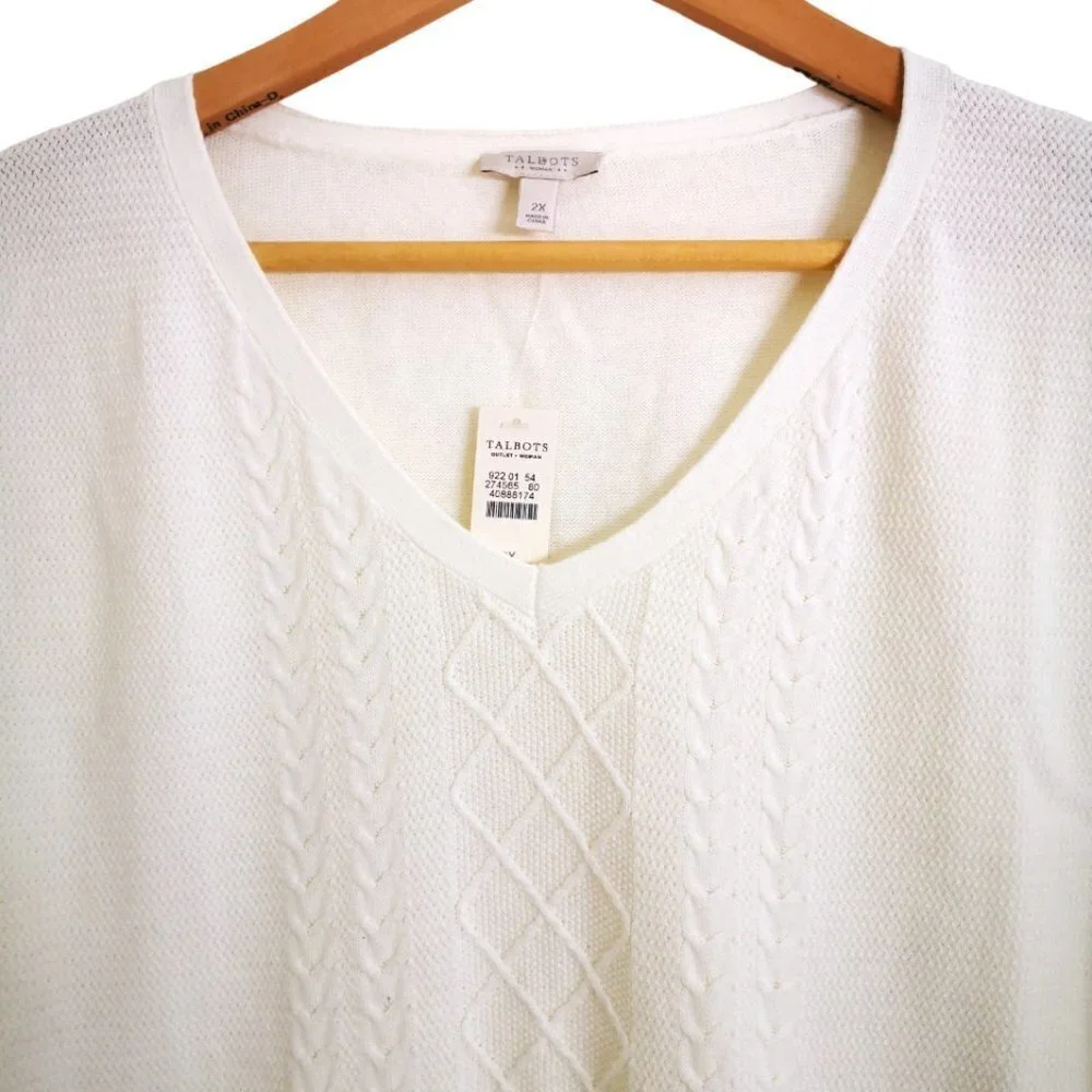 Talbots 100% Cotton Cable‎ Knit V Neck Sweater Ivory Size 2X
